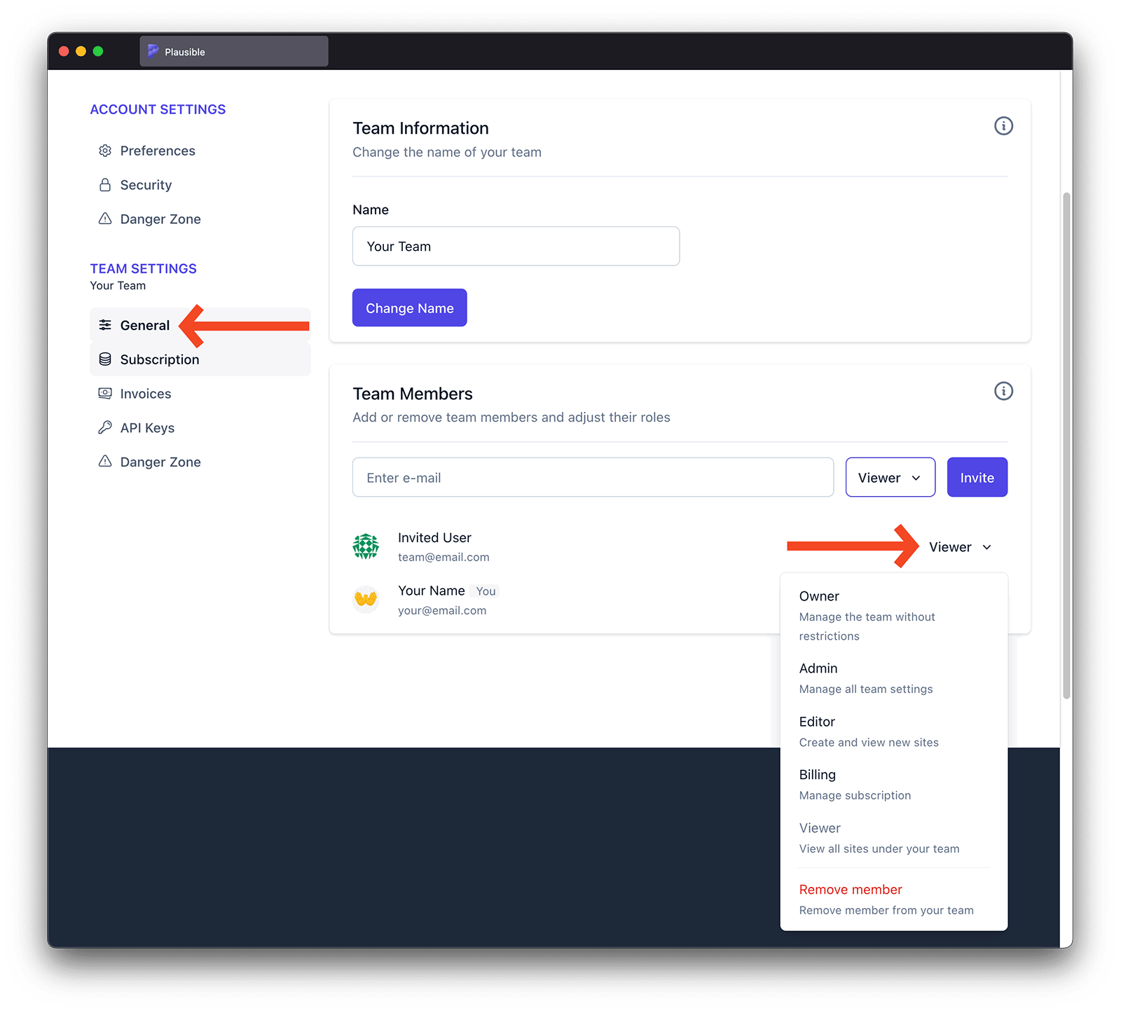 Change roles, delete team member